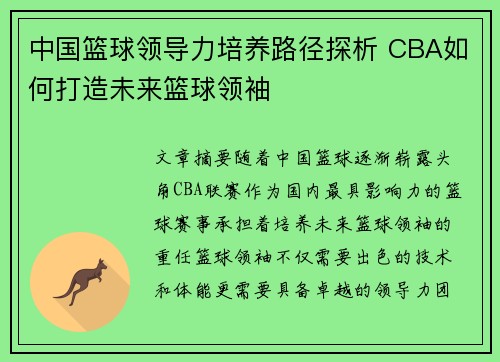 中国篮球领导力培养路径探析 CBA如何打造未来篮球领袖 中国篮球领导力培养路径探析 CBA如何打造未来篮球领袖