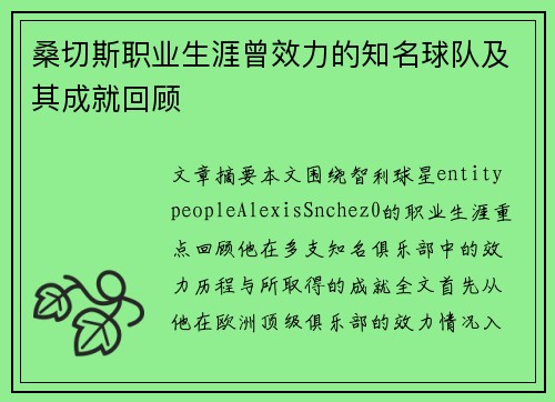桑切斯职业生涯曾效力的知名球队及其成就回顾